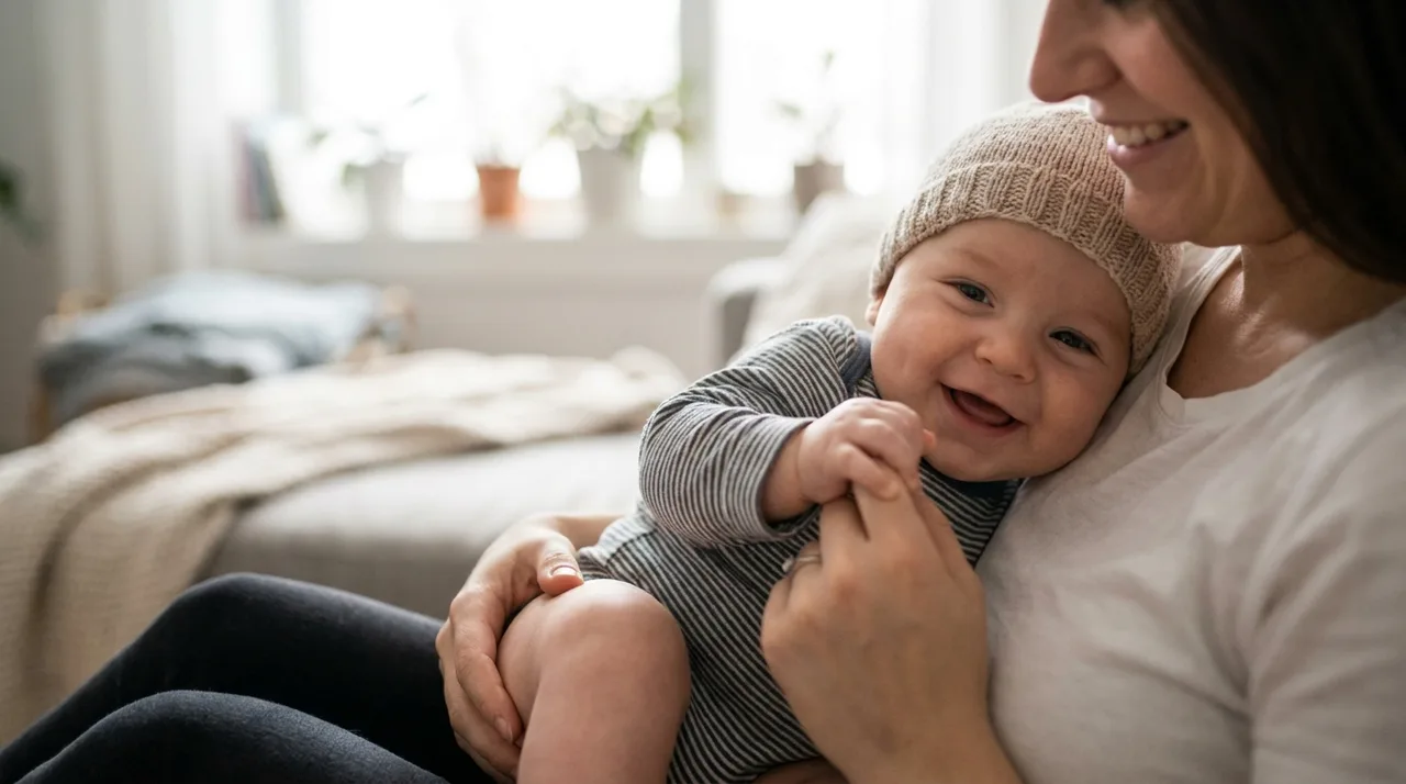 Example AI-generated baby portrait: a smiling baby held close with a parent's hand gently touching the baby's hand